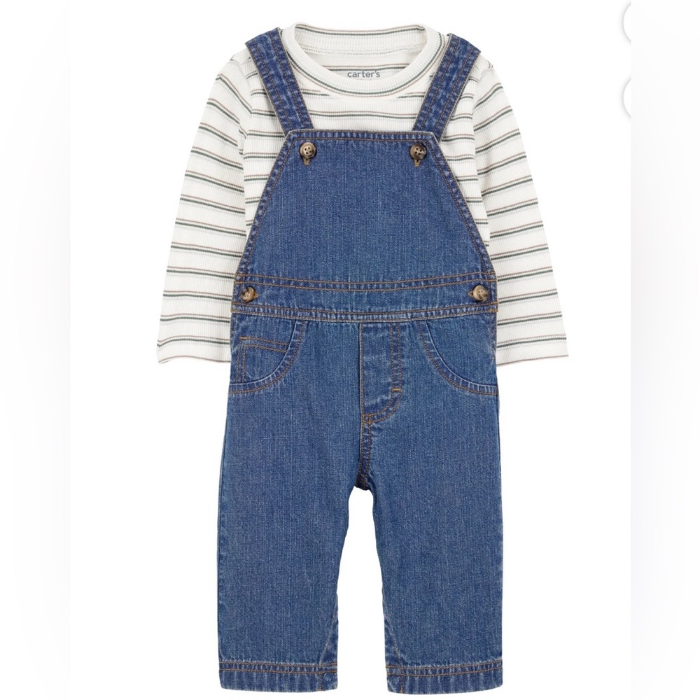 Carter’s Child of Mine Blue Denim Overalls Stripe Long Sleeve Shirt 2 Pc Set